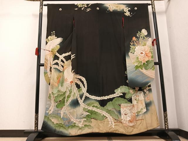 平和屋本店●アンティーク　大正ロマン　振袖　刺繍　鳳凰草花文　暈し染め　黒地　金彩　正絹　逸品　AABK0309ph