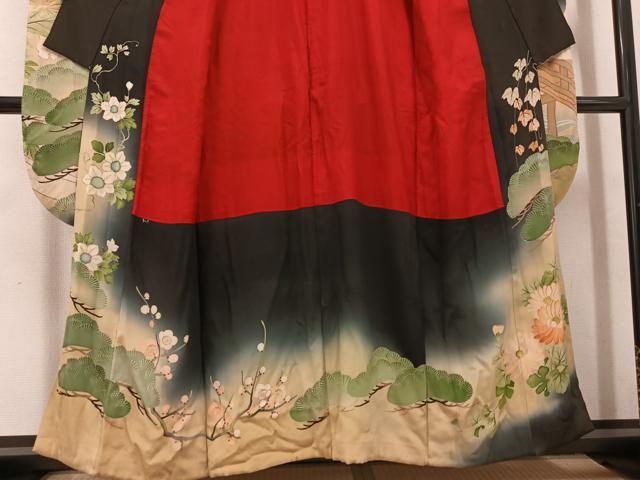 平和屋本店●アンティーク　大正ロマン　振袖　刺繍　鳳凰草花文　暈し染め　黒地　金彩　正絹　逸品　AABK0309ph