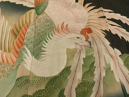 平和屋本店●アンティーク　大正ロマン　振袖　刺繍　鳳凰草花文　暈し染め　黒地　金彩　正絹　逸品　AABK0309ph