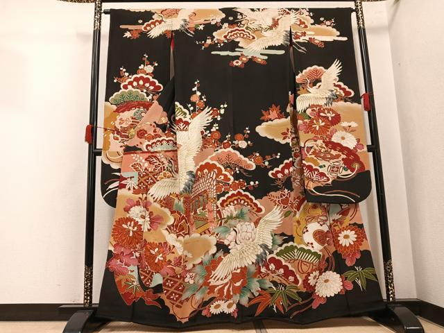 平和屋本店●アンティーク　大正ロマン　振袖　駒刺繍　群鶴御所車草花文　黒地　金彩　正絹　逸品　AABK0310ph