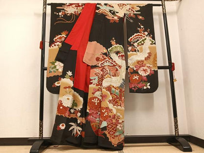 平和屋本店●アンティーク　大正ロマン　振袖　駒刺繍　群鶴御所車草花文　黒地　金彩　正絹　逸品　AABK0310ph