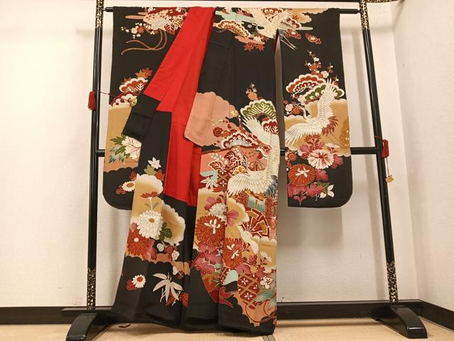 平和屋本店●アンティーク　大正ロマン　振袖　駒刺繍　群鶴御所車草花文　黒地　金彩　正絹　逸品　AABK0310ph