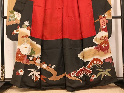 平和屋本店●アンティーク　大正ロマン　振袖　駒刺繍　群鶴御所車草花文　黒地　金彩　正絹　逸品　AABK0310ph