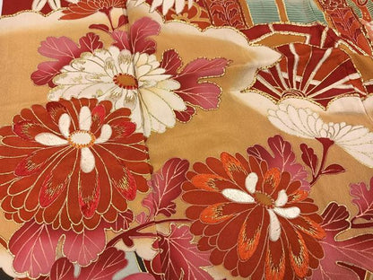 平和屋本店●アンティーク　大正ロマン　振袖　駒刺繍　群鶴御所車草花文　黒地　金彩　正絹　逸品　AABK0310ph