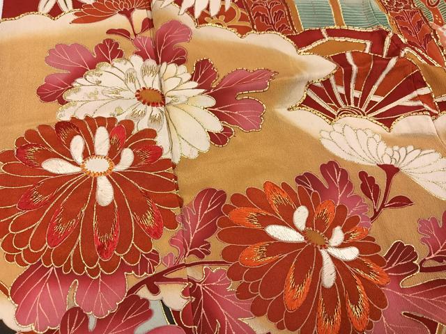 平和屋本店●アンティーク　大正ロマン　振袖　駒刺繍　群鶴御所車草花文　黒地　金彩　正絹　逸品　AABK0310ph