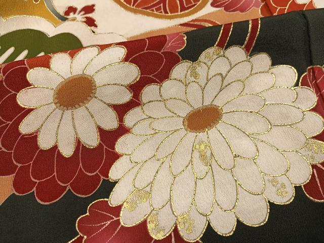 平和屋本店●アンティーク　大正ロマン　振袖　駒刺繍　群鶴御所車草花文　黒地　金彩　正絹　逸品　AABK0310ph