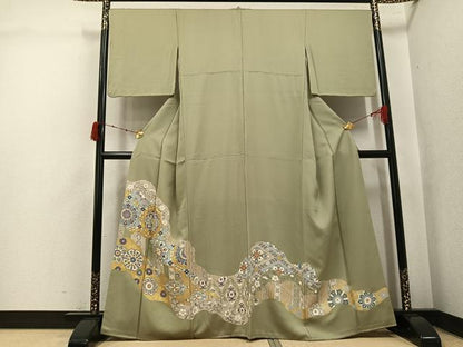 平和屋着物●豪華色留袖　駒刺繍　草花文　金彩　正絹　逸品　AABK0315ph