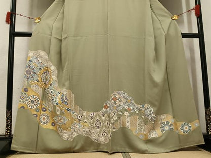 平和屋着物●豪華色留袖　駒刺繍　草花文　金彩　正絹　逸品　AABK0315ph