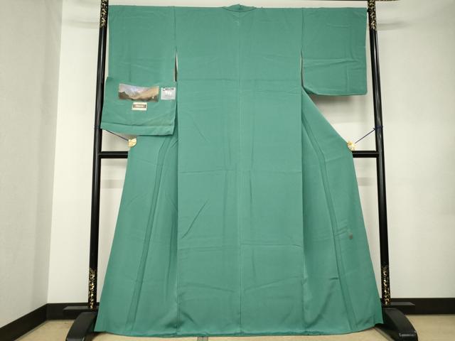 平和屋着物●上質な色無地　作家物　堅牢染　緑青色　丹後ちりめん　反端付き　正絹　逸品　AABK0334ck