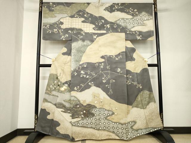平和屋着物●訪問着　駒刺繍　絞り　風景枝花文　金彩　正絹　逸品　AABK0342ck