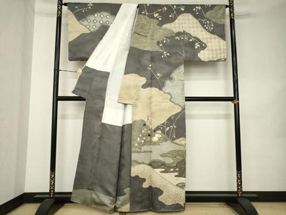 平和屋着物●訪問着　駒刺繍　絞り　風景枝花文　金彩　正絹　逸品　AABK0342ck