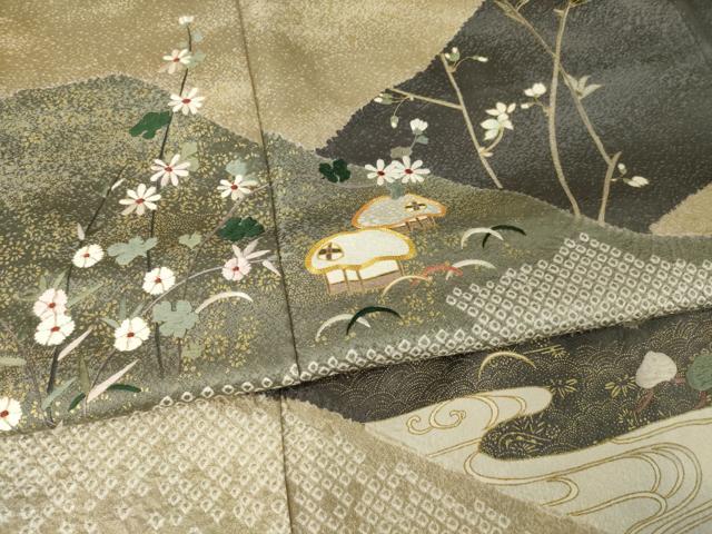 平和屋着物●訪問着　駒刺繍　絞り　風景枝花文　金彩　正絹　逸品　AABK0342ck