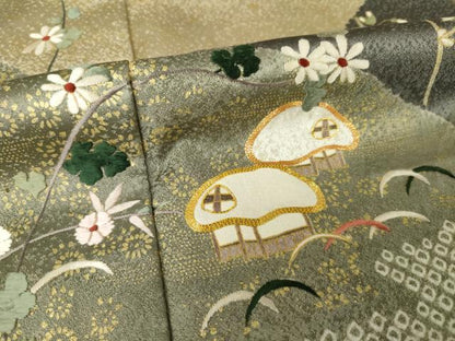 平和屋着物●訪問着　駒刺繍　絞り　風景枝花文　金彩　正絹　逸品　AABK0342ck