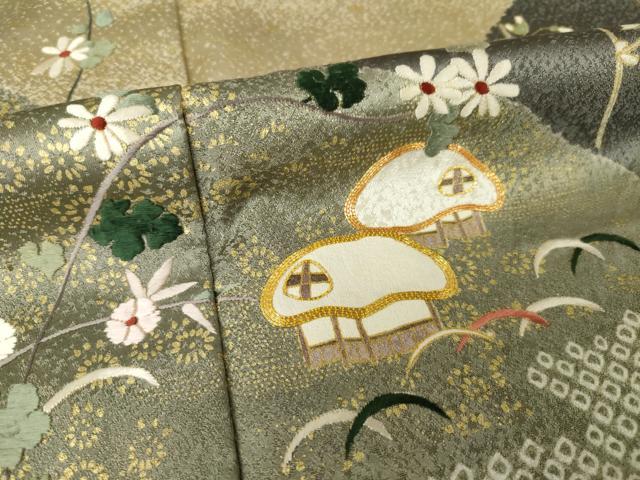 平和屋着物●訪問着　駒刺繍　絞り　風景枝花文　金彩　正絹　逸品　AABK0342ck