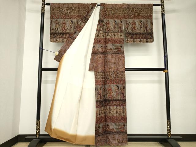 平和屋着物●訪問着　紬地　総刺繍　中国三大刺繍　汕頭刺繍　スワトウ刺繍　古代壁画文様　正絹　逸品　AABK0343ck