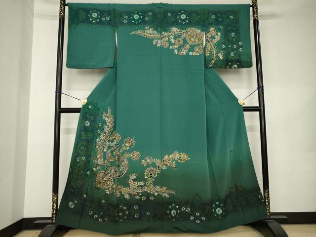 平和屋着物●訪問着　翠山刺繍　総刺繍　更紗花文　暈し染め　金糸　正絹　逸品　AABK0344ck
