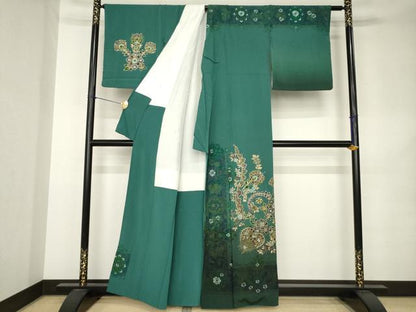 平和屋着物●訪問着　翠山刺繍　総刺繍　更紗花文　暈し染め　金糸　正絹　逸品　AABK0344ck