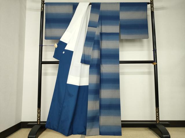 平和屋着物●藍工房　花織　紬　横段文　正絹　逸品　AABK0347ck