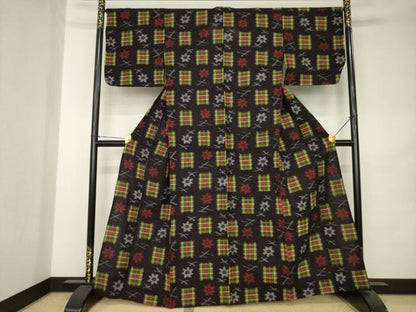 平和屋着物▽久留米絣　単衣　市松花文　綿　逸品　AABK0353ck