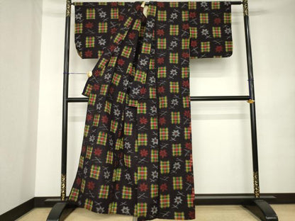 平和屋着物▽久留米絣　単衣　市松花文　綿　逸品　AABK0353ck