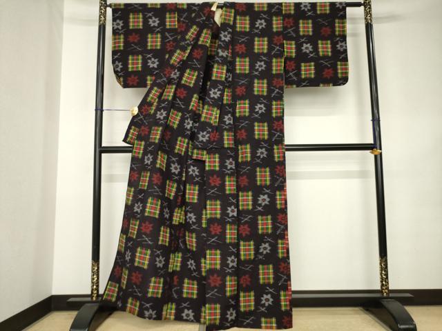 平和屋着物▽久留米絣　単衣　市松花文　綿　逸品　AABK0353ck