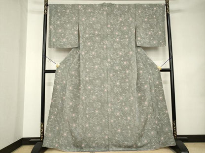 平和屋着物●上質な小紋　型染め　草花文　鬼しぼ縮緬　正絹　逸品　AABK0354ck