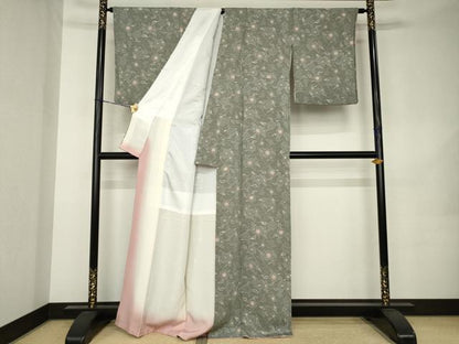 平和屋着物●上質な小紋　型染め　草花文　鬼しぼ縮緬　正絹　逸品　AABK0354ck