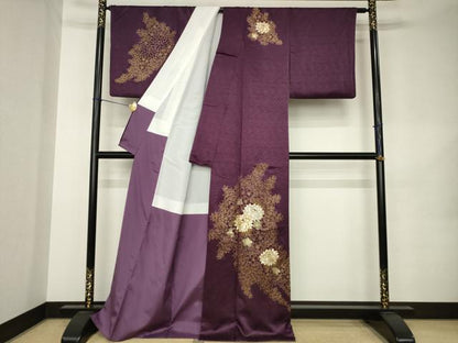 平和屋着物●訪問着　駒刺繍　草花文　金彩　正絹　逸品　AABK0359ck