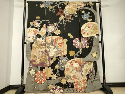 平和屋本店●アンティーク　大正ロマン　振袖　駒刺繍　地紙御所車花文　黒地　正絹　逸品　AABK0372ck