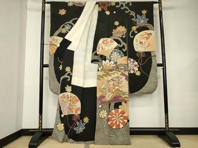 平和屋本店●アンティーク　大正ロマン　振袖　駒刺繍　地紙御所車花文　黒地　正絹　逸品　AABK0372ck