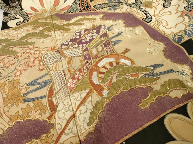 平和屋本店●アンティーク　大正ロマン　振袖　駒刺繍　地紙御所車花文　黒地　正絹　逸品　AABK0372ck