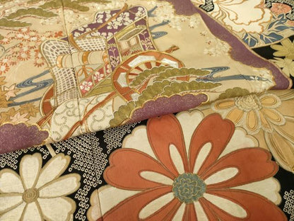 平和屋本店●アンティーク　大正ロマン　振袖　駒刺繍　地紙御所車花文　黒地　正絹　逸品　AABK0372ck