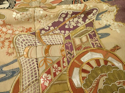平和屋本店●アンティーク　大正ロマン　振袖　駒刺繍　地紙御所車花文　黒地　正絹　逸品　AABK0372ck