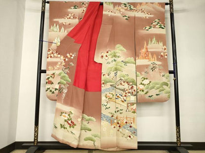 平和屋本店●アンティーク　大正ロマン　振袖　駒刺繍　風景文　暈し染め　正絹　逸品　AABK0373ck