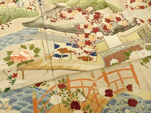 平和屋本店●アンティーク　大正ロマン　振袖　駒刺繍　風景文　暈し染め　正絹　逸品　AABK0373ck