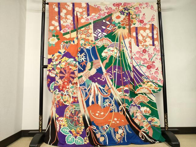 平和屋本店●アンティーク　大正ロマン　振袖　駒刺繍　源氏車花文　金彩　ロング丈　正絹　逸品　AABK0374ck