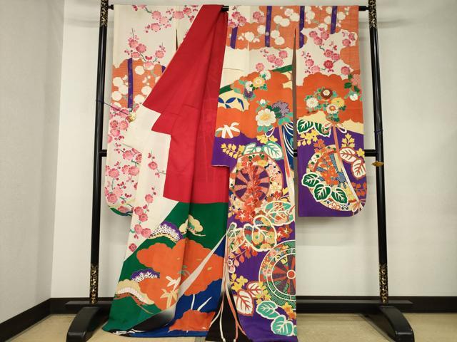 平和屋本店●アンティーク　大正ロマン　振袖　駒刺繍　源氏車花文　金彩　ロング丈　正絹　逸品　AABK0374ck