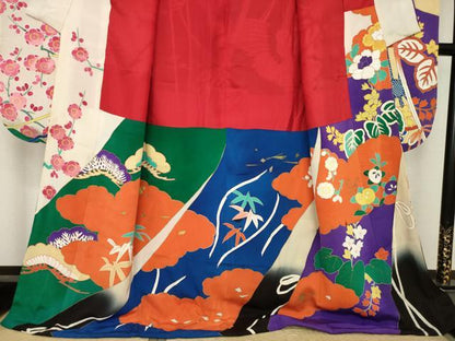 平和屋本店●アンティーク　大正ロマン　振袖　駒刺繍　源氏車花文　金彩　ロング丈　正絹　逸品　AABK0374ck