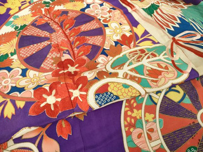 平和屋本店●アンティーク　大正ロマン　振袖　駒刺繍　源氏車花文　金彩　ロング丈　正絹　逸品　AABK0374ck