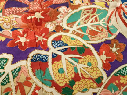 平和屋本店●アンティーク　大正ロマン　振袖　駒刺繍　源氏車花文　金彩　ロング丈　正絹　逸品　AABK0374ck
