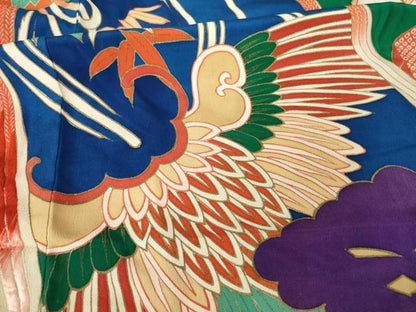 平和屋本店●アンティーク　大正ロマン　振袖　駒刺繍　源氏車花文　金彩　ロング丈　正絹　逸品　AABK0374ck