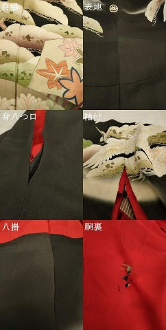 平和屋本店●アンティーク　大正ロマン　振袖　飛鶴扇面花文　暈し染め　黒地　ロング丈　正絹　逸品　AABK0375ck