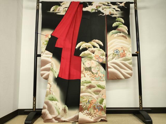 平和屋本店●アンティーク　大正ロマン　振袖　飛鶴扇面花文　暈し染め　黒地　ロング丈　正絹　逸品　AABK0375ck