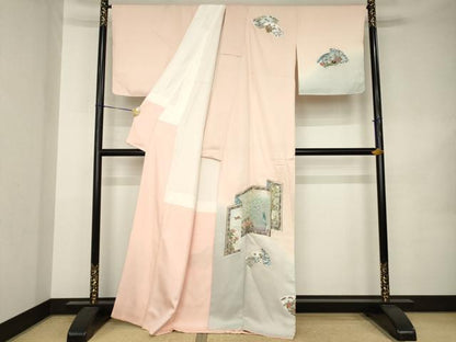 平和屋着物●訪問着　総刺繍　屏風孔雀花文　暈し染め　正絹　逸品　AABK0376ck