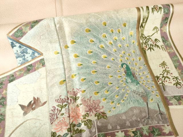 平和屋着物●訪問着　総刺繍　屏風孔雀花文　暈し染め　正絹　逸品　AABK0376ck