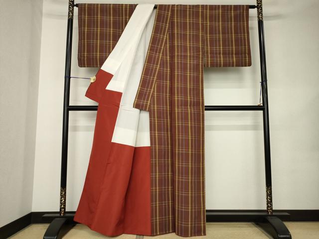 平和屋着物●上質な紬　格子　正絹　逸品　AABK0379ck