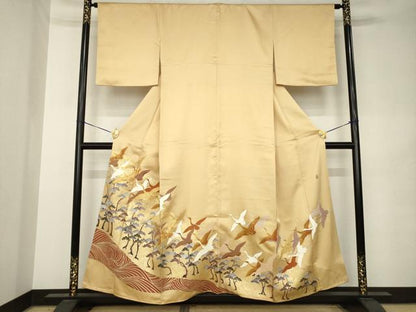 平和屋着物●豪華色留袖　作家物　駒刺繍　飛鶴松文　正絹　逸品　AABK0393ck