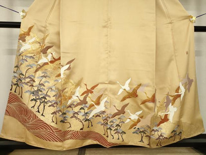 平和屋着物●豪華色留袖　作家物　駒刺繍　飛鶴松文　正絹　逸品　AABK0393ck
