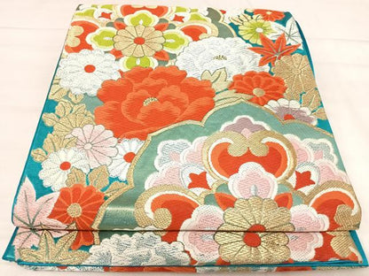 平和屋着物◎六通柄袋帯　唐織　花づくし　金銀糸　正絹　逸品　AABK0403yx