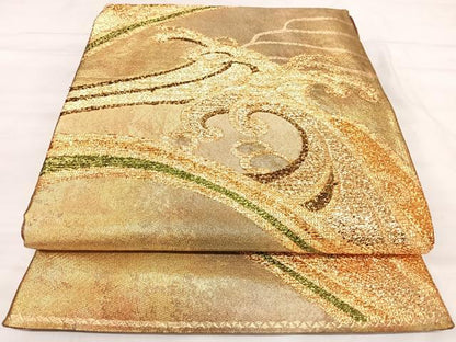 平和屋着物◎六通柄袋帯　波舞彩紋様　箔経錦織　金糸　引箔　正絹　逸品　AABK0406yx